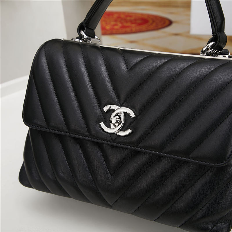 SMALL FLAP BAG WITH TOP HANDLE Chevrons Pattern Lambskin Silver Metal Black B