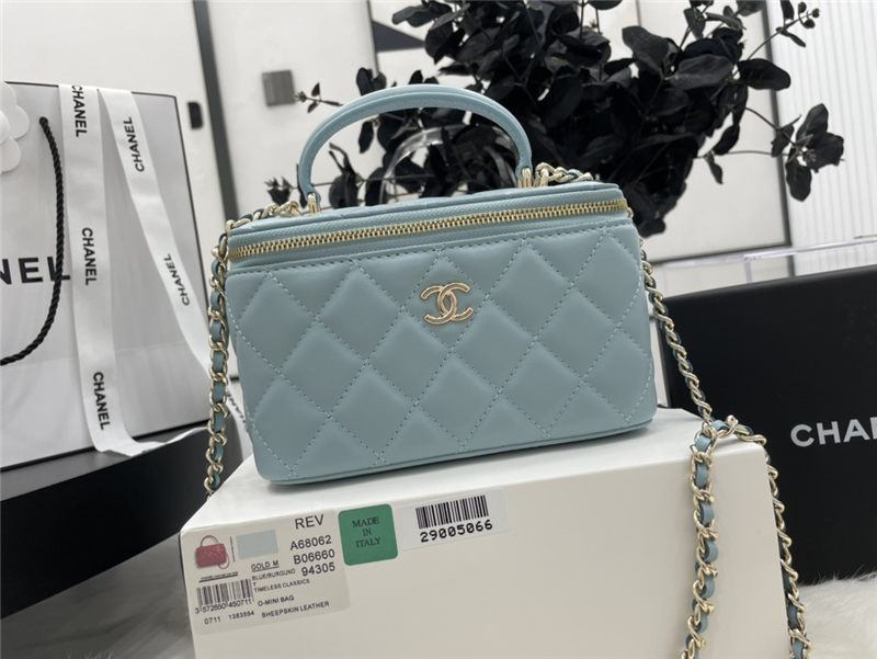 Chanel VANITY WITH CHAIN A68062 Lambskin & Gold-Tone Metal Blue High