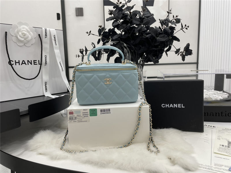 Chanel VANITY WITH CHAIN A68062 Lambskin & Gold-Tone Metal Blue High