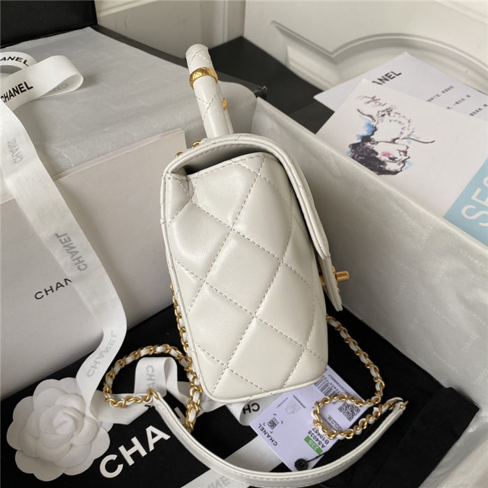 Chanel MINI FLAP BAG WITH TOP HANDLE AS4035 Lambskin Gold-Tone Metal White A