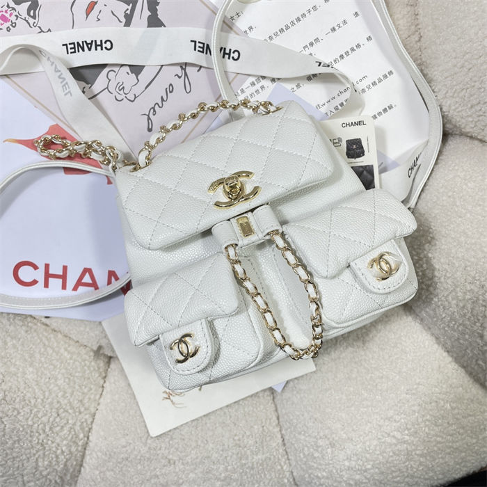 Chanel SMALL BACKPACK AS3787 Grained Shiny Calfskin & Gold-Tone Metal White A