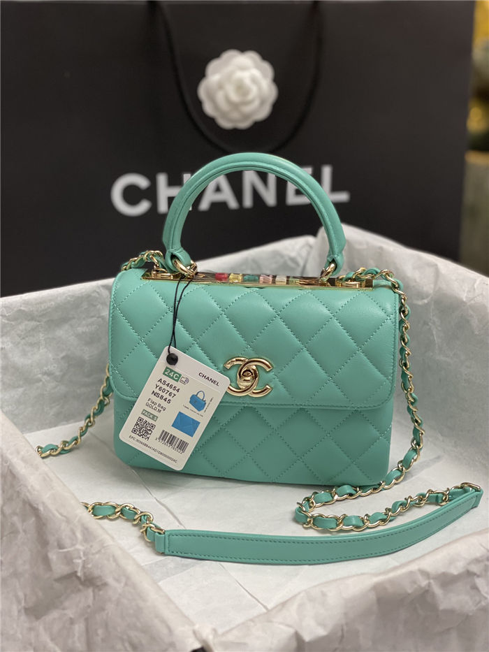 Chanel MINI FLAP BAG WITH TOP HANDLE AS4654 Lambskin & Gold-Tone Metal Green A