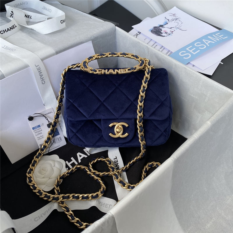 Chanel Mini Flap Bag with Handle Velvet & Gold-Tone Metal AS3450 Navy A