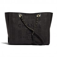 SHOPPING BAG Mixed Fibers, Calfskin & Gold-Tone Metal Black Mid