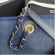 SHOPPING BAG Mixed Fibers, Calfskin & Gold-Tone Metal Navy Blue High