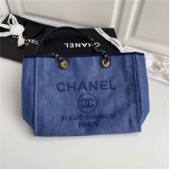 SHOPPING BAG Mixed Fibers, Calfskin & Gold-Tone Metal Navy Blue Mid