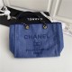 SHOPPING BAG Mixed Fibers, Calfskin & Gold-Tone Metal Navy Blue High