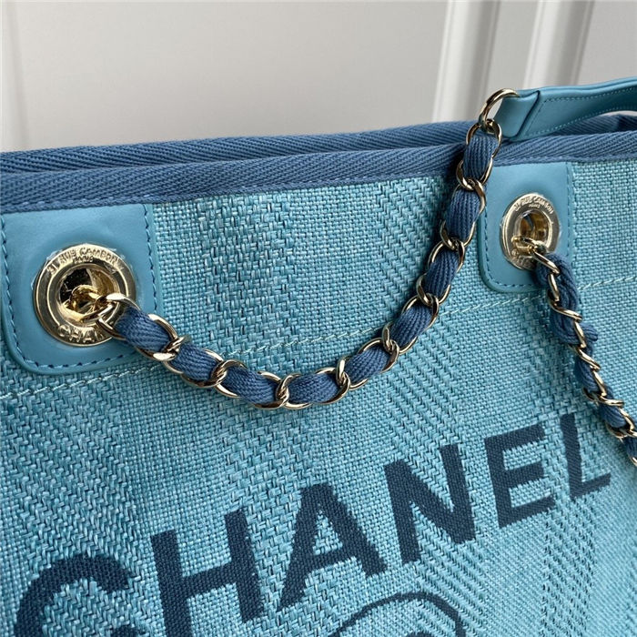 SHOPPING BAG Mixed Fibers, Calfskin & Gold-Tone Metal Blue High