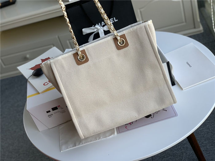 SHOPPING BAG Mixed Fibers, Imitation Pearls & Gold-Tone Metal Ecru & Beige High