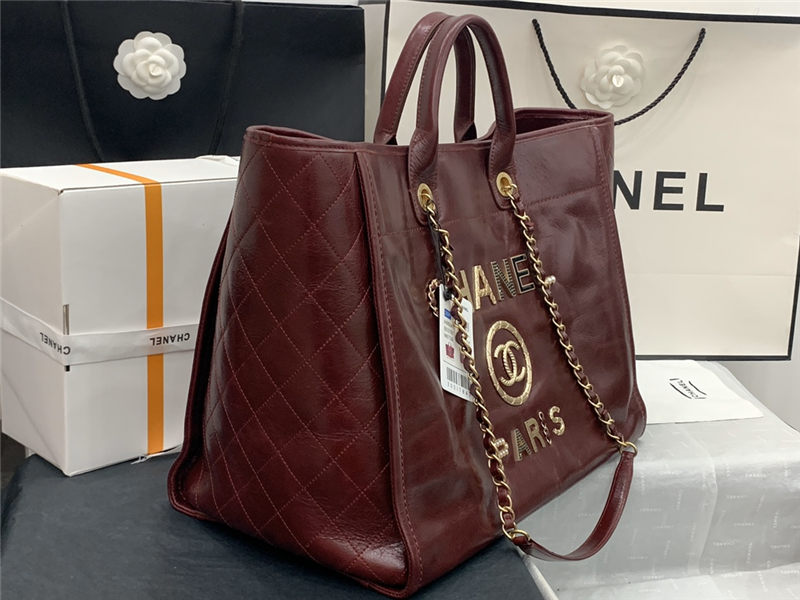 LARGE SHOPPING BAG Shiny Calfskin, Crystal Pearls, Strass, Enamel, Gold-Tone & Ruthenium-Finish Metal Burgundy High