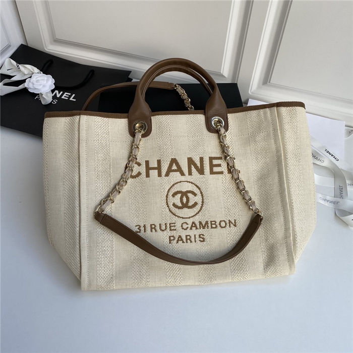 LARGE SHOPPING BAG Mixed Fibers, Calfskin & Gold-Tone Metal Beige High