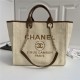 LARGE SHOPPING BAG Mixed Fibers, Calfskin & Gold-Tone Metal Beige High