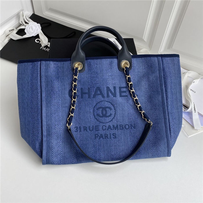 LARGE SHOPPING BAG Mixed Fibers, Calfskin & Gold-Tone Metal Navy Blue High