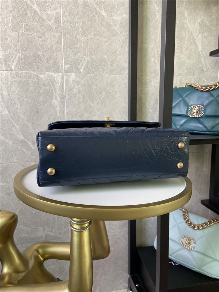 SMALL FLAP BAG WITH TOP HANDLE Chevrons Pattern Shiny Calfskin Blue Gold Metal High