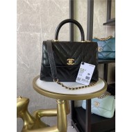 SMALL FLAP BAG WITH TOP HANDLE Chevrons Pattern Shiny Calfskin Black Gold Metal High