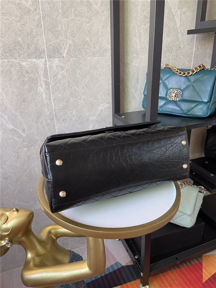 FLAP BAG WITH TOP HANDLE Shiny Calfskin Black Gold Metal High