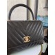 FLAP BAG WITH TOP HANDLE Chevrons Pattern Shiny Calfskin Black Gold Metal High