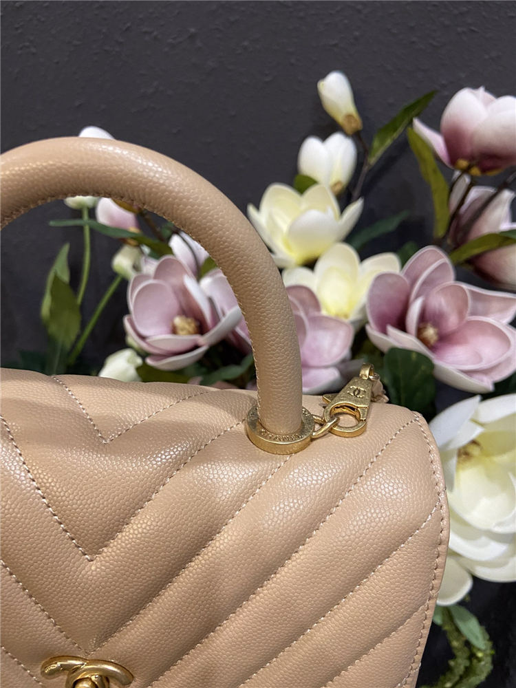 SMALL FLAP BAG WITH TOP HANDLE Chevrons Pattern Grained Calfskin Beige Gold Metal High