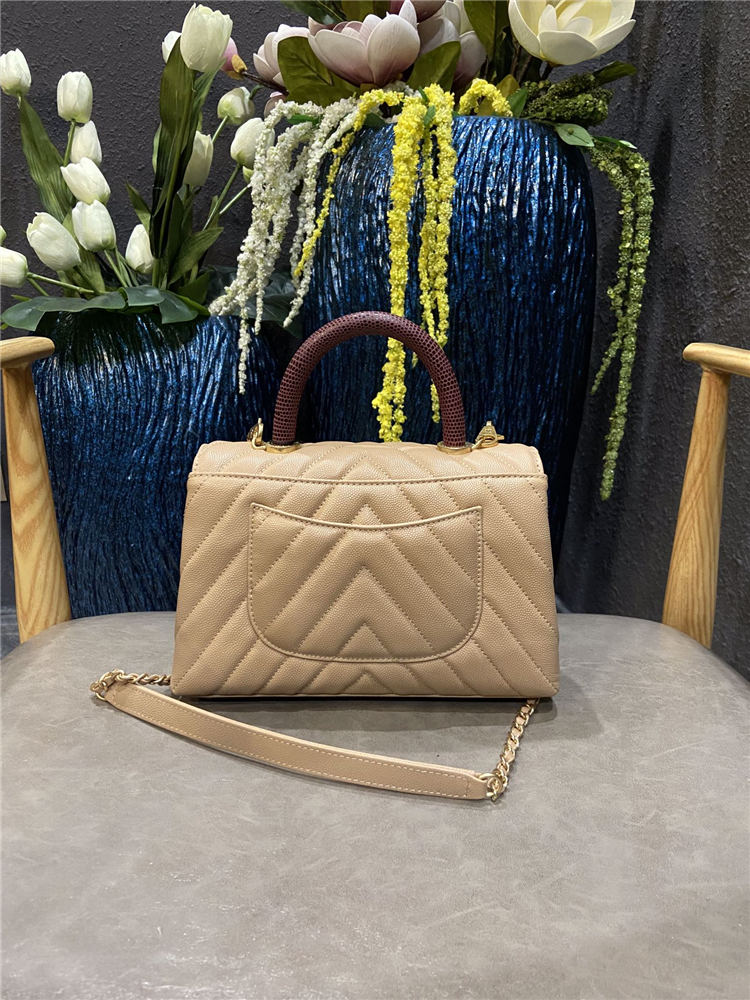 SMALL FLAP BAG WITH TOP HANDLE Chevrons Pattern Grained Calfskin Beige Gold Metal High