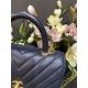 SMALL FLAP BAG WITH TOP HANDLE Chevrons Pattern Grained Calfskin Navy Blue Gold Metal High