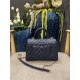 SMALL FLAP BAG WITH TOP HANDLE Chevrons Pattern Grained Calfskin Navy Blue Gold Metal High