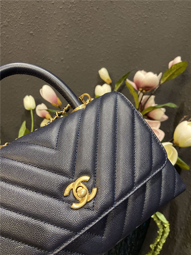 SMALL FLAP BAG WITH TOP HANDLE Chevrons Pattern Grained Calfskin Navy Blue Gold Metal High