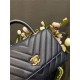 SMALL FLAP BAG WITH TOP HANDLE Chevrons Pattern Grained Calfskin Navy Blue Gold Metal High