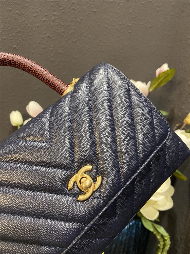 SMALL FLAP BAG WITH TOP HANDLE Chevrons Pattern Grained Calfskin Navy Blue Gold Metal High