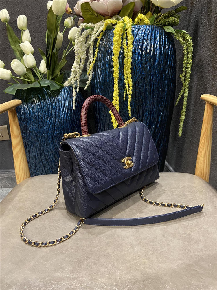 SMALL FLAP BAG WITH TOP HANDLE Chevrons Pattern Grained Calfskin Navy Blue Gold Metal High