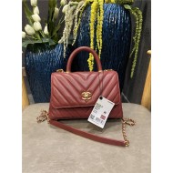 SMALL FLAP BAG WITH TOP HANDLE Chevrons Pattern Grained Calfskin Burgundy Gold Metal High