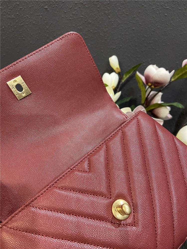 SMALL FLAP BAG WITH TOP HANDLE Chevrons Pattern Grained Calfskin Burgundy Gold Metal High