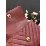 SMALL FLAP BAG WITH TOP HANDLE Chevrons Pattern Grained Calfskin Burgundy Gold Metal High