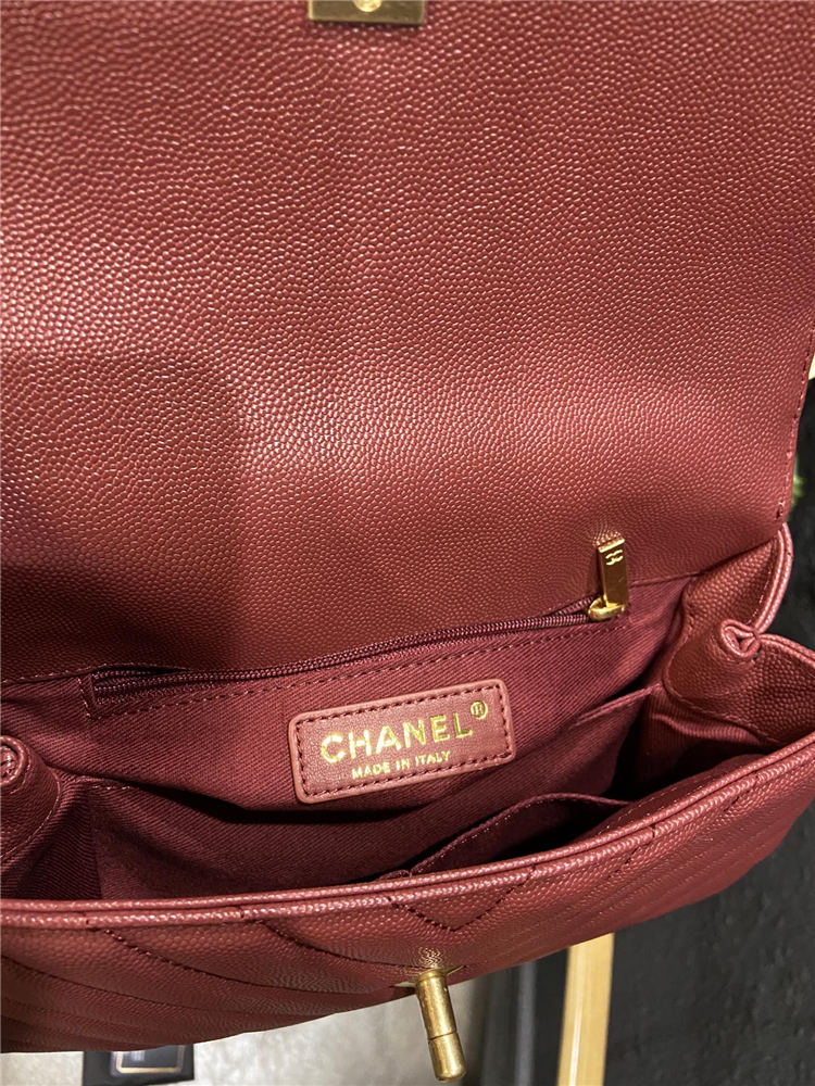 SMALL FLAP BAG WITH TOP HANDLE Chevrons Pattern Grained Calfskin Burgundy Gold Metal High