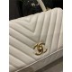 FLAP BAG WITH TOP HANDLE Chevrons Pattern Grained Calfskin Gold Metal High