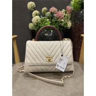 FLAP BAG WITH TOP HANDLE Chevrons Pattern Grained Calfskin Gold Metal High