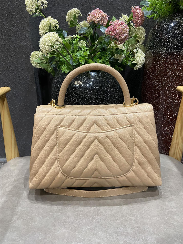 FLAP BAG WITH TOP HANDLE Chevrons Pattern Grained Calfskin Beige Gold Metal High