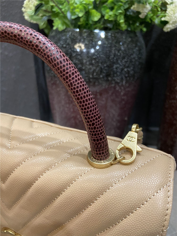 FLAP BAG WITH TOP HANDLE Chevrons Pattern Grained Calfskin Beige Gold Metal High