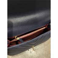 FLAP BAG WITH TOP HANDLE Chevrons Pattern Grained Calfskin Navy Blue Gold Metal High