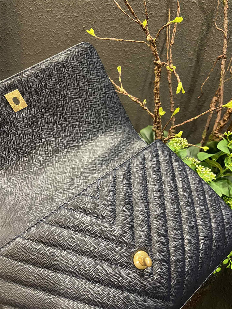 FLAP BAG WITH TOP HANDLE Chevrons Pattern Grained Calfskin Navy Blue Gold Metal High