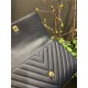 FLAP BAG WITH TOP HANDLE Chevrons Pattern Grained Calfskin Navy Blue Gold Metal High