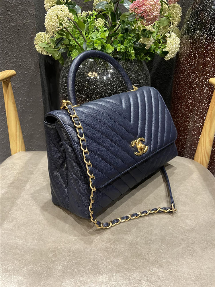 FLAP BAG WITH TOP HANDLE Chevrons Pattern Grained Calfskin Navy Blue Gold Metal High