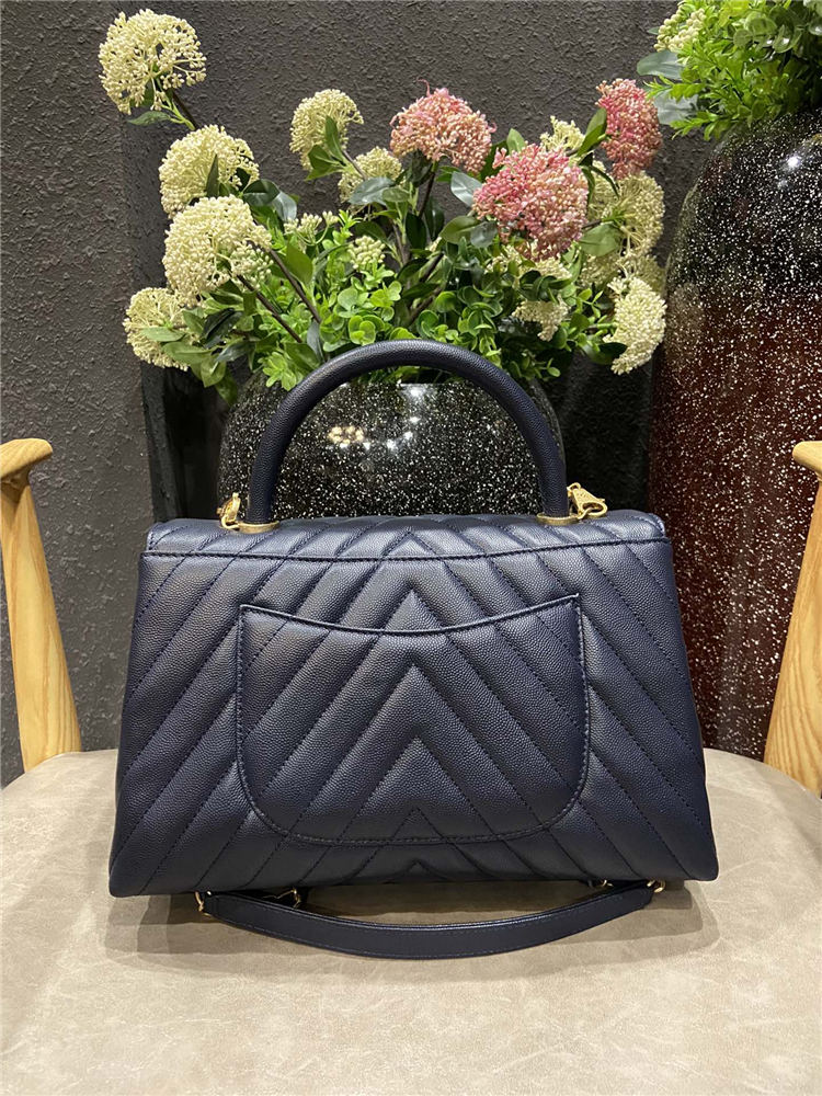 FLAP BAG WITH TOP HANDLE Chevrons Pattern Grained Calfskin Navy Blue Gold Metal High