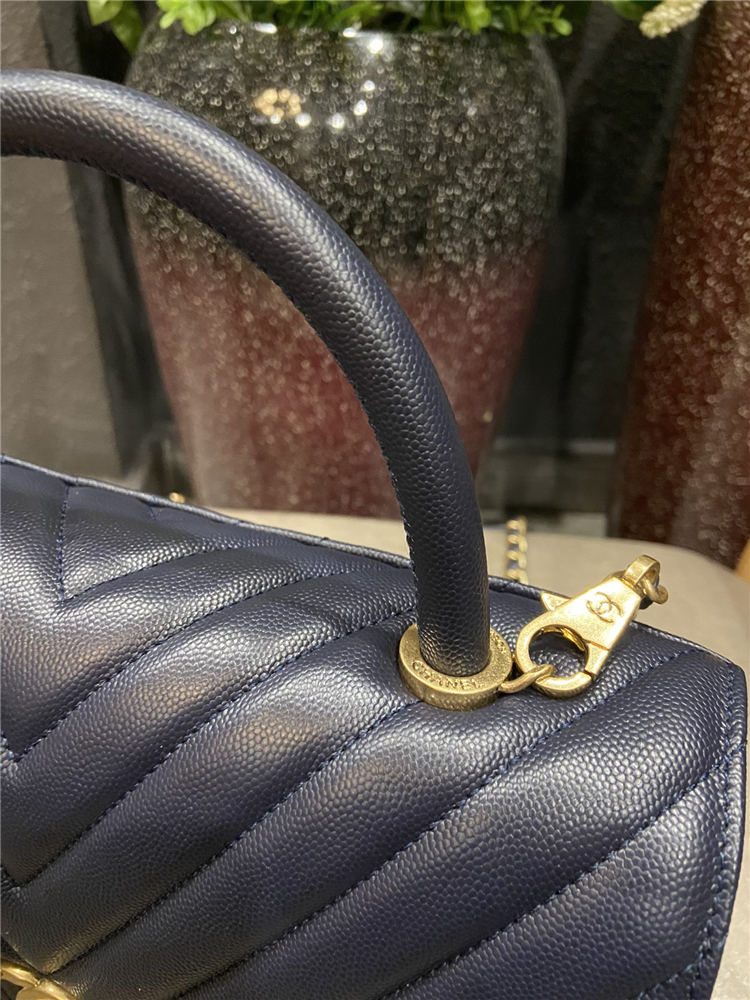 FLAP BAG WITH TOP HANDLE Chevrons Pattern Grained Calfskin Navy Blue Gold Metal High