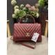 FLAP BAG WITH TOP HANDLE Chevrons Pattern Grained Calfskin Burgundy Gold Metal High