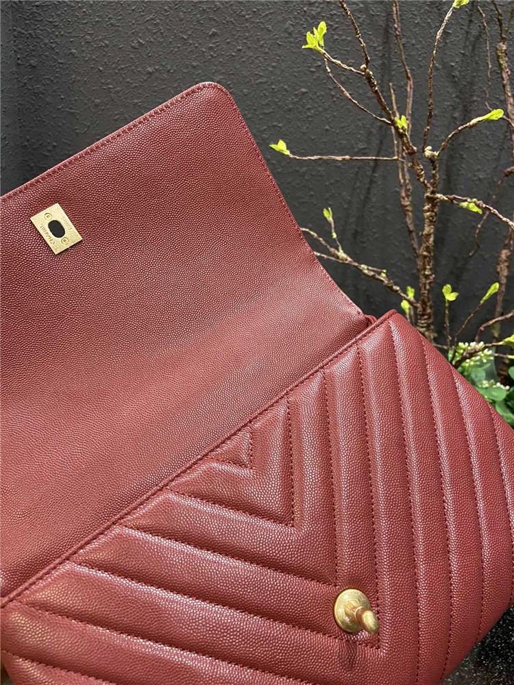 FLAP BAG WITH TOP HANDLE Chevrons Pattern Grained Calfskin Burgundy Gold Metal High