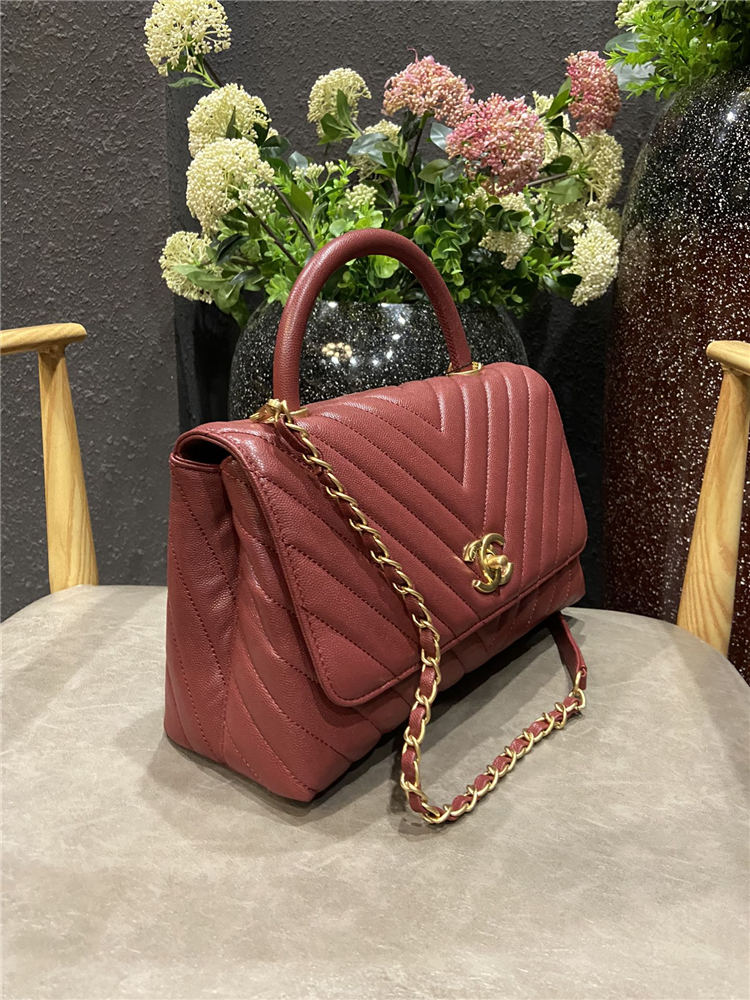 FLAP BAG WITH TOP HANDLE Chevrons Pattern Grained Calfskin Burgundy Gold Metal High