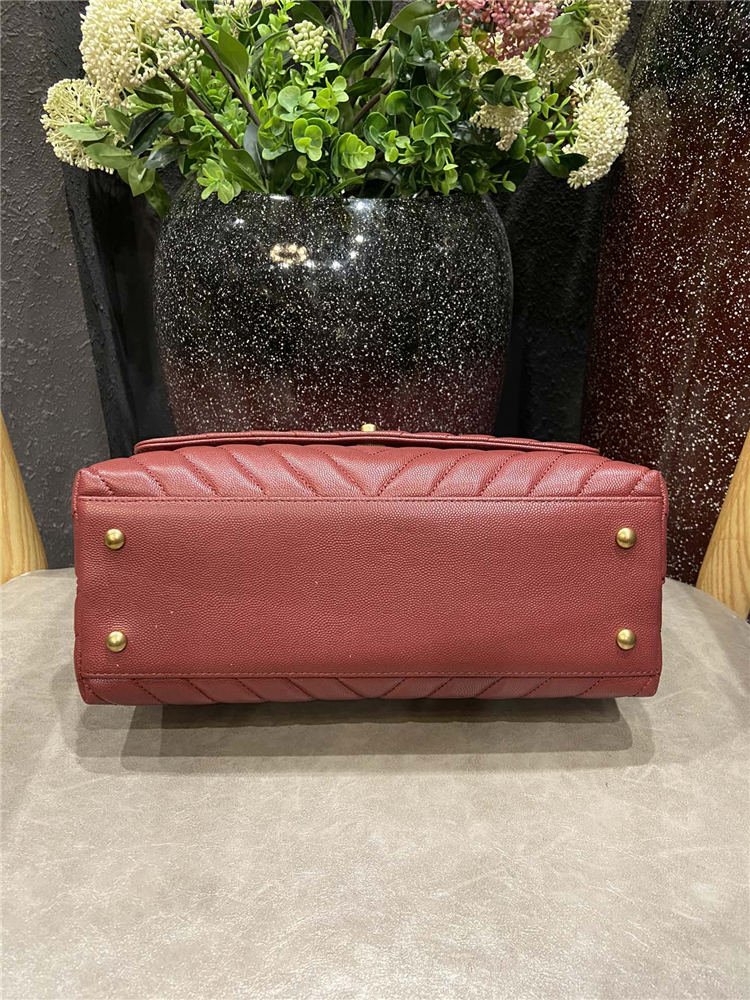 FLAP BAG WITH TOP HANDLE Chevrons Pattern Grained Calfskin Burgundy Gold Metal High