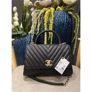 FLAP BAG WITH TOP HANDLE Chevrons Pattern Grained Calfskin Black Gold Metal High