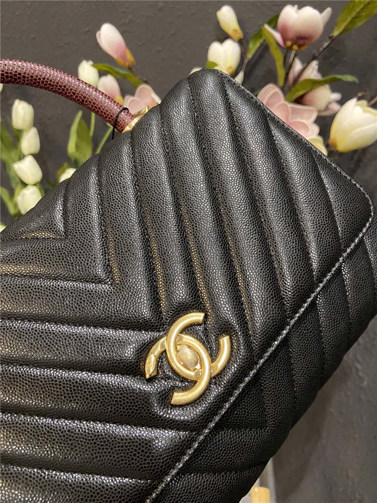 FLAP BAG WITH TOP HANDLE Chevrons Pattern Grained Calfskin Black Gold Metal High