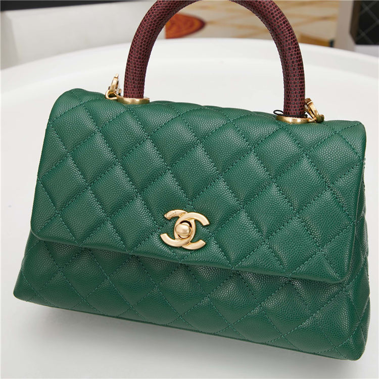 SMALL FLAP BAG WITH TOP HANDLE Grained Calfskin Green Gold Metal High